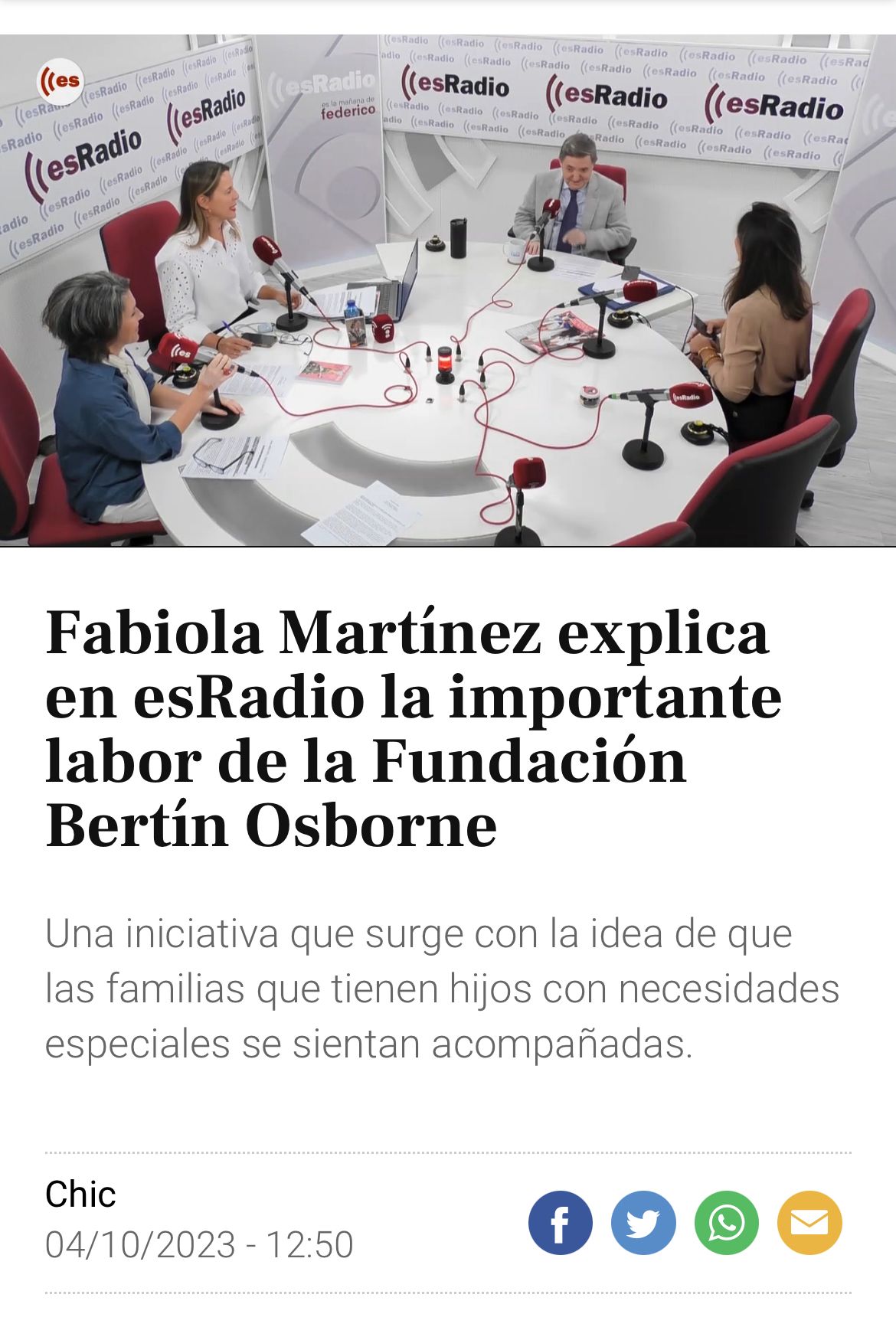Fabiola Martínez explica en esRadio la importante labor de la Fundación Bertín Osborne
